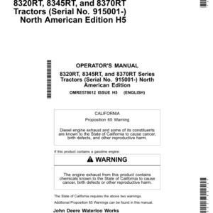 John Deere 8320RT, 9345RT & 8370RT Tractors North America (915001- ) Operator's Manual (OMRE578612) - Image 1