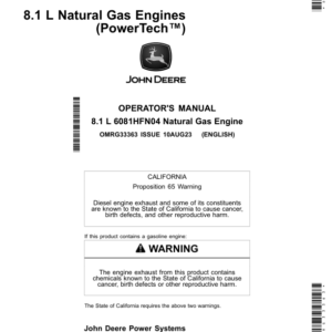 John Deere 8.1L (6081HFN04) Natural Gas Engines Operator's Manual (OMRG33363) - Image 1
