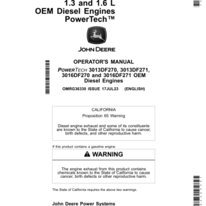 John Deere PowerTech 1.3 (3013DF270, 3013DF271) & 1.6L (3016DF270, 3016DF271) OEM Engines Operator's Manual (OMRG36330) - Image 1