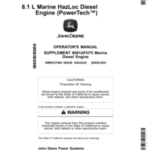John Deere 6081AFH75 PowerTech HazLoc Marine Diesel Engine (Supplement to OMRG35860) Operator's Manual (OMRG37863) - Image 1