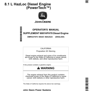 John Deere 6081HFH70 PowerTech HazLoc Diesel Engine (Supplement to OMRG34944) Operator's Manual (OMRG37870) - Image 1