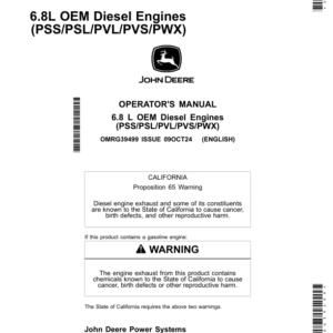 John Deere 6.8L OEM Diesel Engines(PSS/PSL/PVL/PVS/PWX) Operator's Manual (OMRG39499) - Image 1