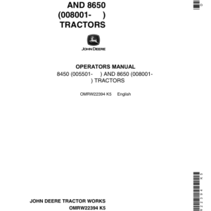 John Deere 8450, 8650 Tractors Operator's Manual (OMRW22394) - Image 1