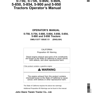 John Deere JD5-750, JD5-754, JD5-800, JD5-804, JD5-850, JD5-854, JD5-900, JD5-950 Tractors Operator's Manual (OMSJ13377) - Image 1