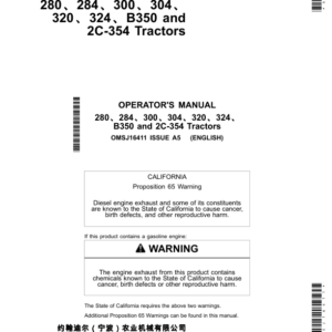 John Deere 280, 284, 300, 304, 320, 324 & B350 Tractors (Stage I, II & III Emission) Operator's Manual (OMSJ16411) - Image 1