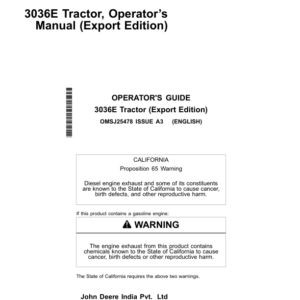 John Deere 3036E Tractor (MY2015-MY2018) Operator's Manual (OMSJ25478) - Image 1