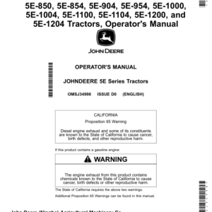 John Deere 5E-850, 5E-854, 5E-904, 5E-954, 5E-1000, 5E-1004, 5E-1100, 5E-1104, 5E-1200, 5E-1204 Tractors (MY2018-) Operator's Manual (OMSJ34998) - Image 1