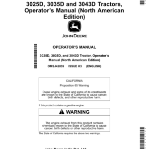 John Deere 3025D, 3035D, 3043D Tractors, Operator’s Manual (North American) Operator's Manual (OMSJ42839) - Image 1