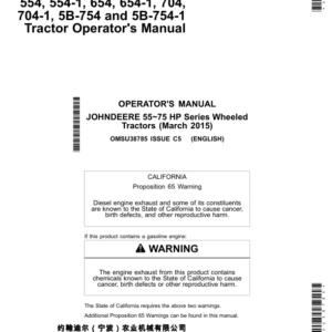 John Deere 554, 554-1 , 654, 654-1, 704, 704-1, 5B-754& 5B-754-1 Tractors (Stage III Emission)Asian Edition Operator's Manual (OMSU38785) - Image 1