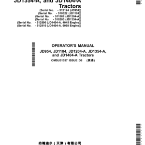 John Deere JD954, JD1104, JD1204-A, JD1354-A & JD1404-A Tractors Operator's Manual (OMSU51537) - Image 1