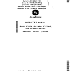 John Deere JD954, JD1104, JD1204-A, JD1354-A, JD1404-A Tractors. (China Edition) Operator's Manual (OMSU54857) - Image 1