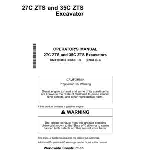 John Deere 27CZTS, 35CZTS Excavators Operator's Manuals (OMT190898) - Image 1