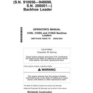 John Deere 310G, 310SG, 315SG Backhoe Loaders Operator's Manuals (OMT191038) - Image 1