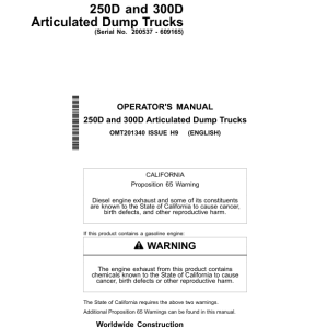 John Deere 250D, 300D Articulated Dump Trucks Operator's Manuals (OMT201340) - Image 1