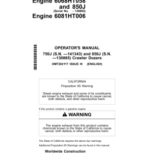 John Deere 750J, 850J Crawler Dozers Operator's Manuals (OMT202117) - Image 1