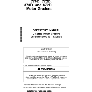 John Deere 670D, 672D, 770D, 772D, 870D, 872D Motor Graders Operator's Manuals (OMT202890) - Image 1