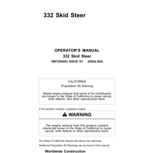 John Deere 332 Skid Steers Operator's Manuals (OMT205052) - Image 1