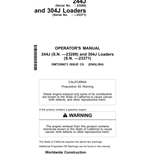 John Deere 244J, 304J Loaders Operator's Manuals (OMT209673) - Image 1