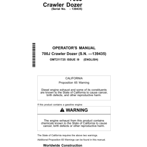 John Deere 700J Crawler Dozers Operator's Manuals (OMT211725) - Image 1