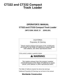 John Deere CT322, CT332 Skid Steers Operator's Manuals (OMT215996) - Image 1