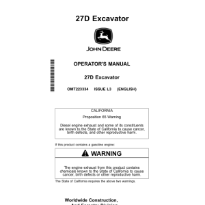 John Deere 27D Excavators Operator's Manuals (OMT223334) - Image 1