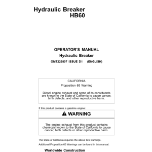 John Deere HB60, HB85 Hydraulic Breakers Operator's Manuals (OMT226807) - Image 1