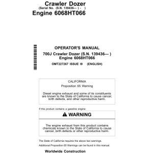 John Deere 700J Crawler Dozers Operator's Manuals (OMT227267) - Image 1