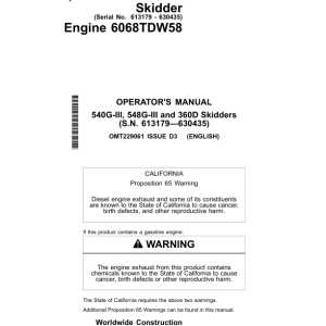 John Deere 540GIII, 548GIII, 360D Skidders Operator's Manuals (OMT229061) - Image 1
