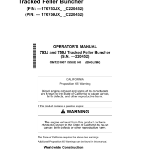 John Deere 753J, 759J Tracked Feller Bunchers Operator's Manuals (OMT231007) - Image 1
