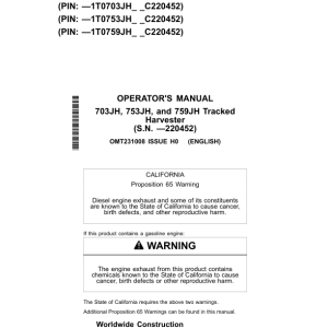 John Deere 703JH, 753JH, 759JH Tracked Harvesters Operator's Manuals (OMT231008) - Image 1
