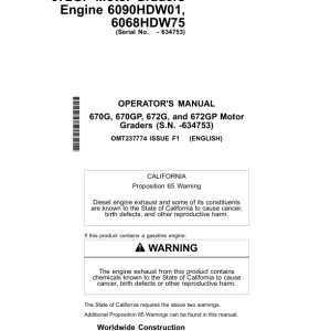 John Deere 670G, 670GP, 672G, 672GP Motor Graders Operator's Manuals (OMT237774) - Image 1