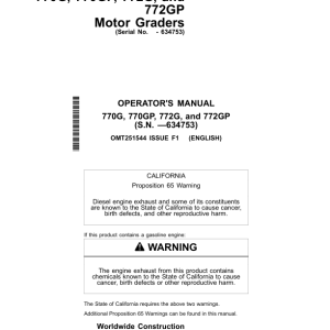 John Deere 770G, 770GP, 772G, 772GP Motor Graders Operator's Manuals (OMT251544) - Image 1