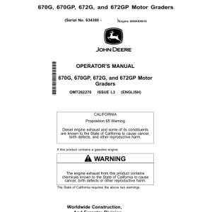 John Deere 670G, 670GP, 672G, 672GP Motor Graders Operator's Manuals (OMT262270) - Image 1