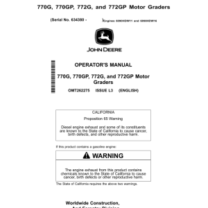 John Deere 770G, 772G, 770GP, 772GP Motor Graders Operator's Manuals (OMT262275) - Image 1