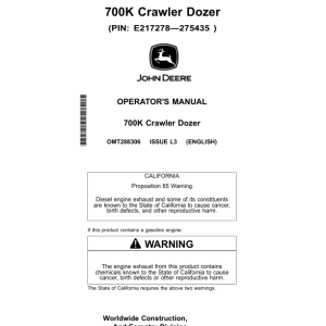 John Deere 700K Crawler Dozers Operator's Manuals (OMT288306) - Image 1
