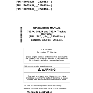 John Deere 703JH, 753JH, 759JH Tracked Harvesters Operator's Manuals (OMT288784) - Image 1