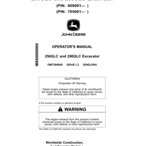 John Deere 250GLC, 290GLC Excavators Operator's Manuals (OMT289049) - Image 1