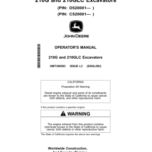 John Deere 210G, 210GLC Excavators Operator's Manuals (OMT308593) - Image 1