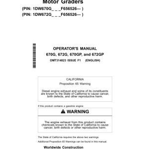 John Deere 670G, 670GP, 672G, 672GP Motor Graders Operator's Manuals (OMT314823) - Image 1
