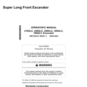 John Deere 210GLC, 250GLC, 290GLC, 350GLC, 300GLC Excavators Operator's Manuals (OMT330416) - Image 1