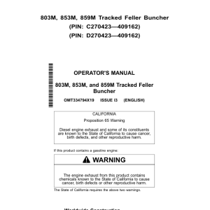 John Deere 803M, 853M, 859M Tracked Feller Bunchers Operator's Manuals (OMT334794X19) - Image 1