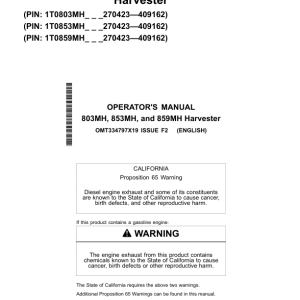 John Deere 803MH, 853MH, 859MH Tracked Harvesters Operator's Manuals (OMT334797X19) - Image 1