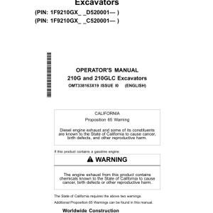 John Deere 210G, 210GLC Excavators Operator's Manuals (OMT338163X19) - Image 1