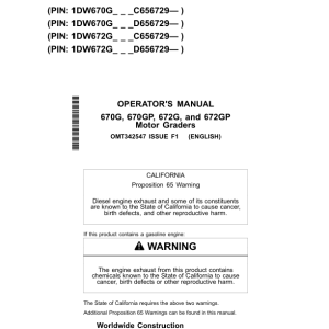 John Deere 670G, 670GP, 672G, 672GP Motor Graders Operator's Manuals (OMT342547) - Image 1