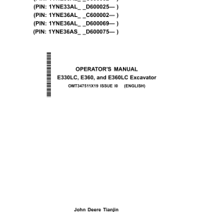 John Deere E330LC, E360, E360LC Excavators Operator's Manuals (OMT347511X19) - Image 1