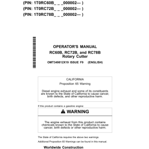 John Deere RC60B, RC72B, RC78B Worksite Pro Attachments Operator's Manuals (OMT349812X19) - Image 1