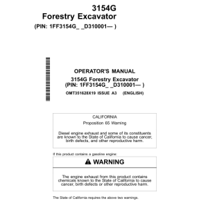 John Deere 3154G Forestry Excavator Operator's Manuals (OMT351628X19) - Image 1