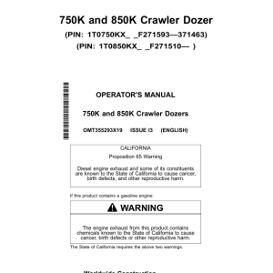 John Deere 750K, 850K Crawler Dozers Operator's Manuals (OMT355293X19) - Image 1