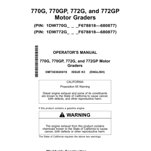 John Deere 770G, 770GP, 772G, 772GP Motor Graders Operator's Manuals (OMT363020X19) - Image 1