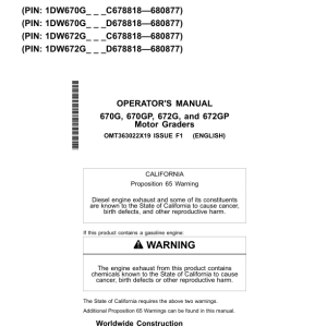 John Deere 670G, 670GP, 672G, 672GP Motor Graders Operator's Manuals (OMT363022X19) - Image 1